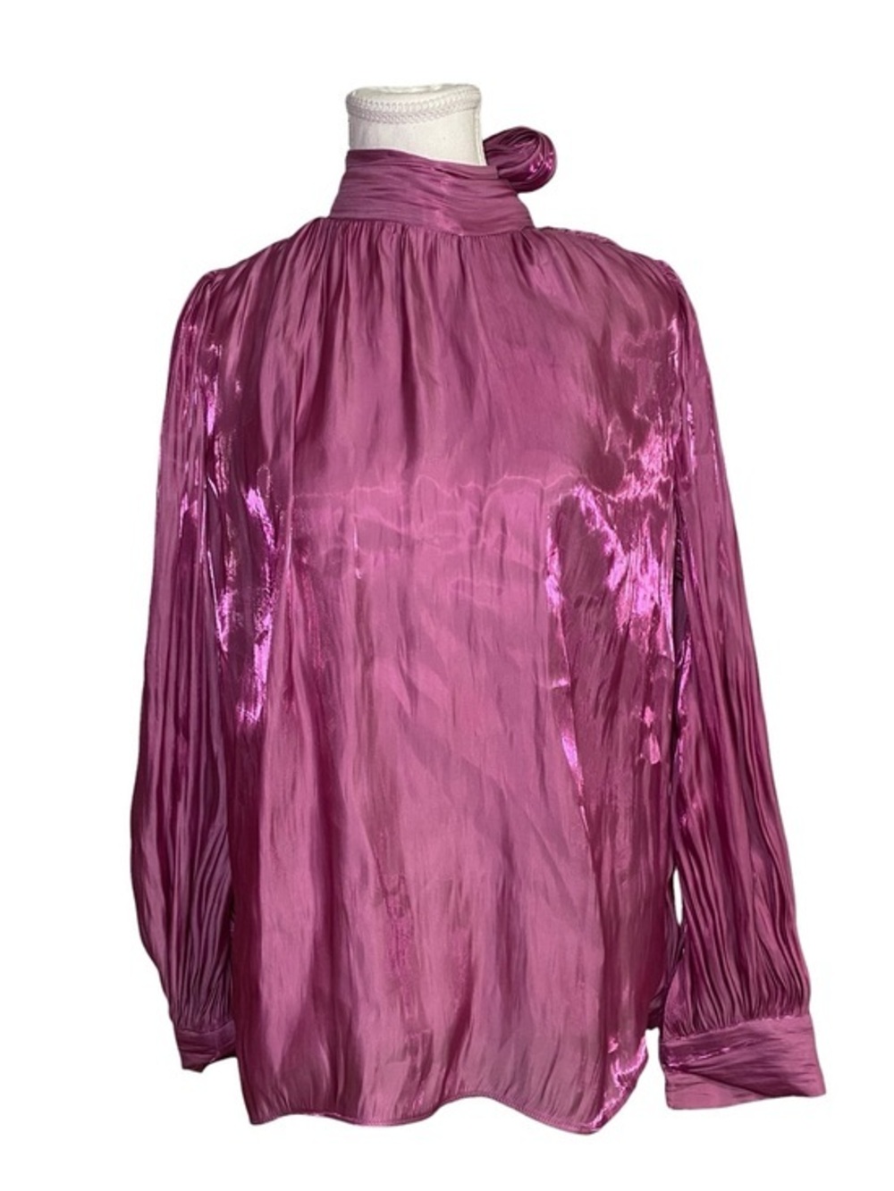 Aveloria Metallic Magenta Pleated
Long Sleeve Bow Neck Blouse
